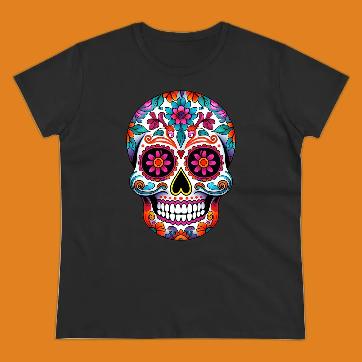 A vibrant floral sugar skull illustration, rich with pink, orange, blue, and teal flowers and swirls, on a white background.