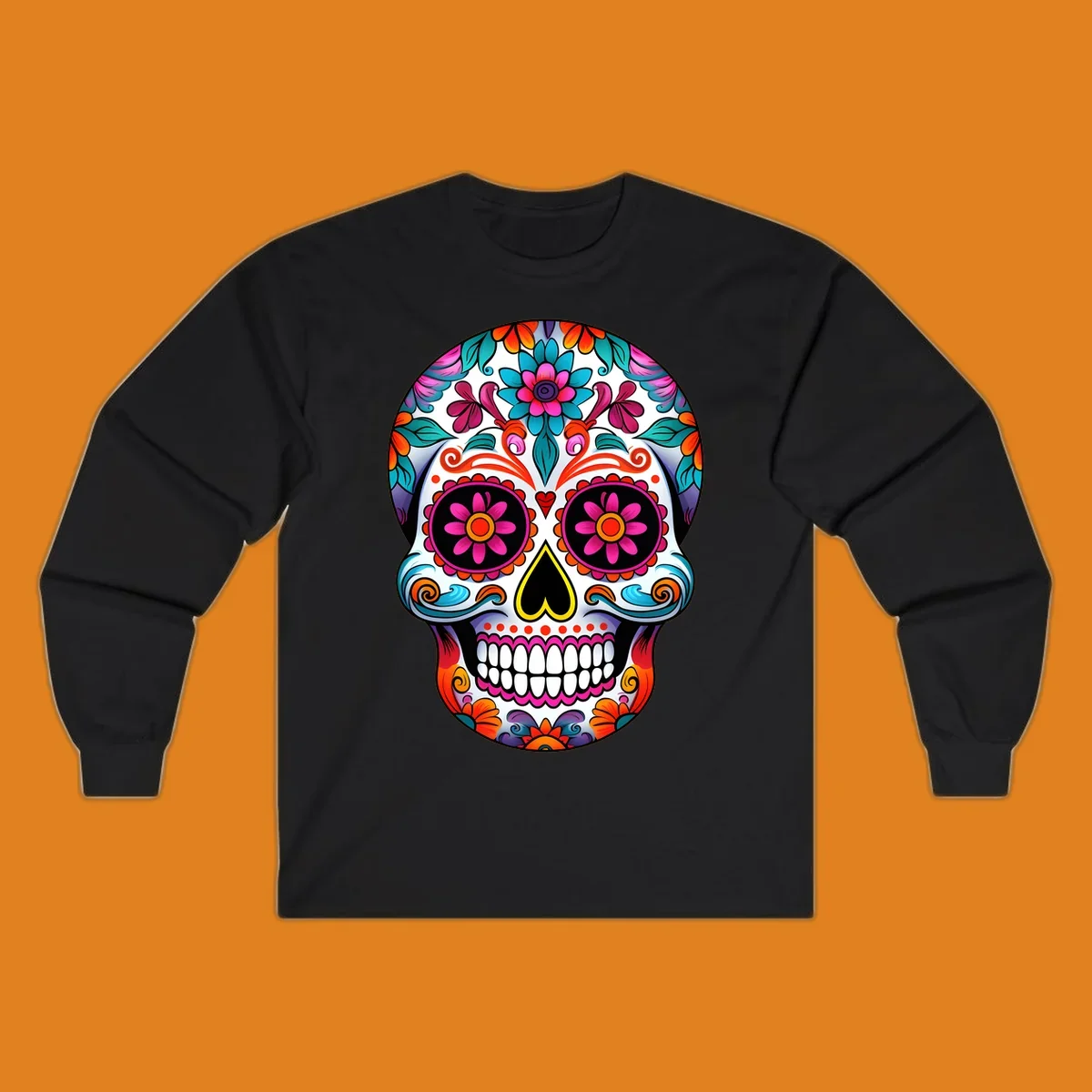 A vibrant floral sugar skull illustration, rich with pink, orange, blue, and teal flowers and swirls, on a white background.