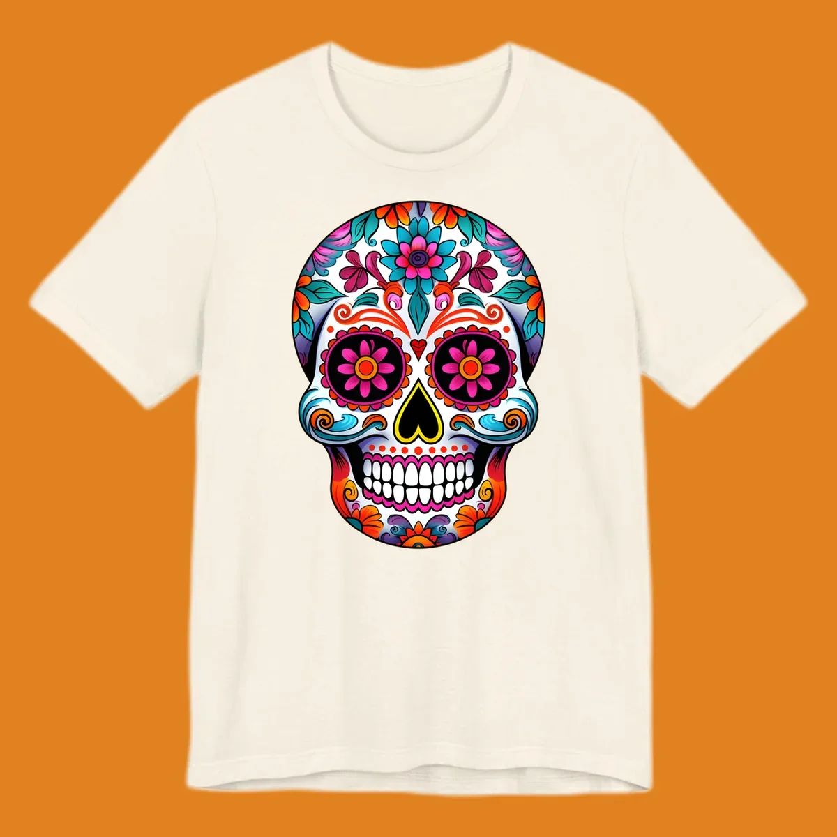 A vibrant floral sugar skull illustration, rich with pink, orange, blue, and teal flowers and swirls, on a white background.