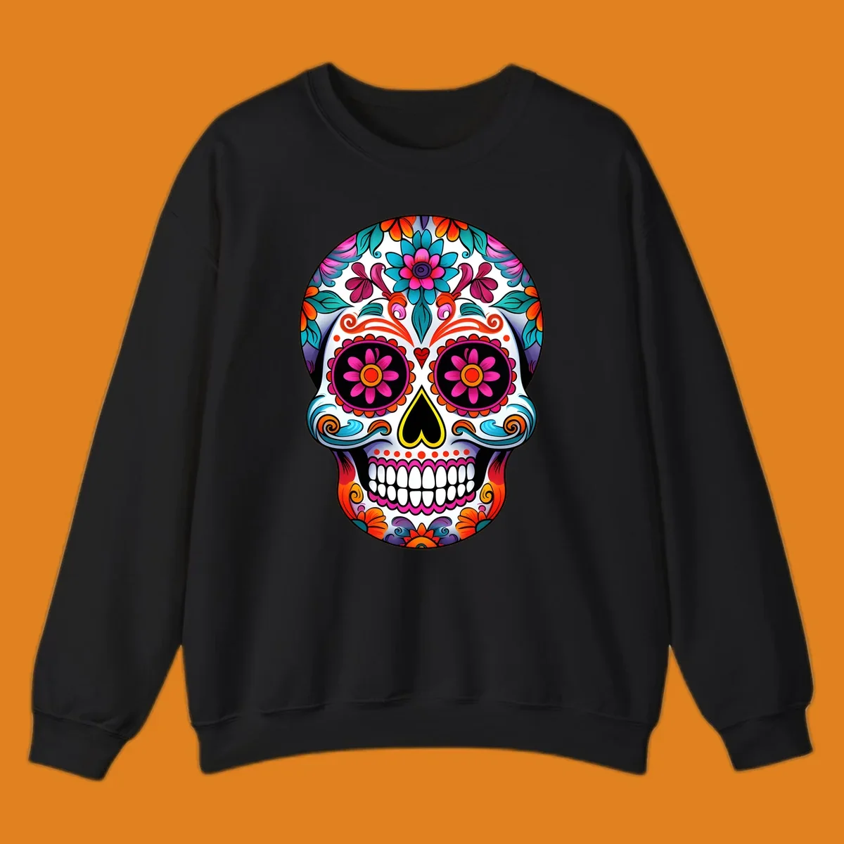 A vibrant floral sugar skull illustration, rich with pink, orange, blue, and teal flowers and swirls, on a white background.