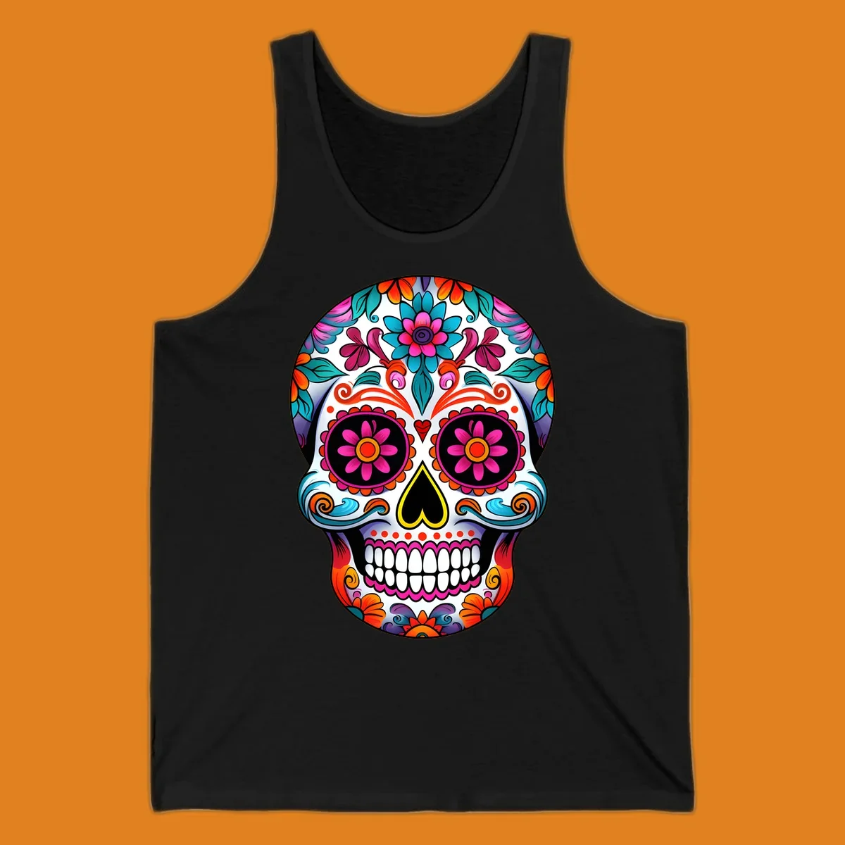 A vibrant floral sugar skull illustration, rich with pink, orange, blue, and teal flowers and swirls, on a white background.