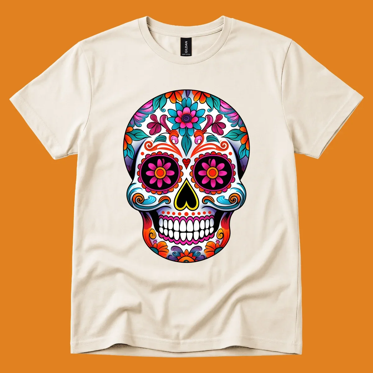 A vibrant floral sugar skull illustration, rich with pink, orange, blue, and teal flowers and swirls, on a white background.
