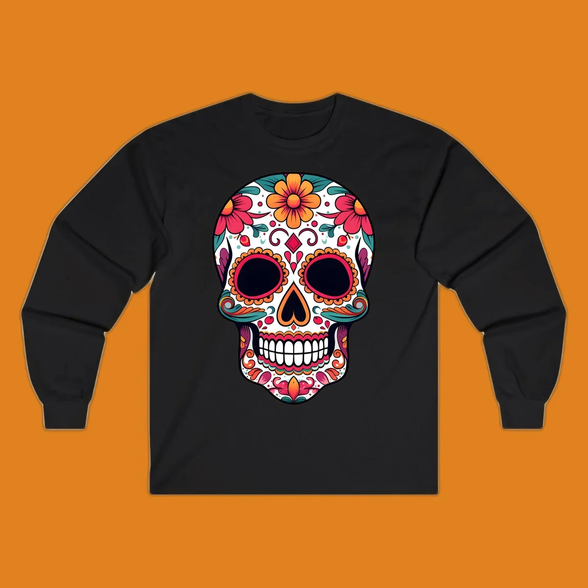 A vibrant floral calavera skull illustration adorned with flowers, leaves, hearts, and filigree in pink, orange, yellow, teal, and purple.