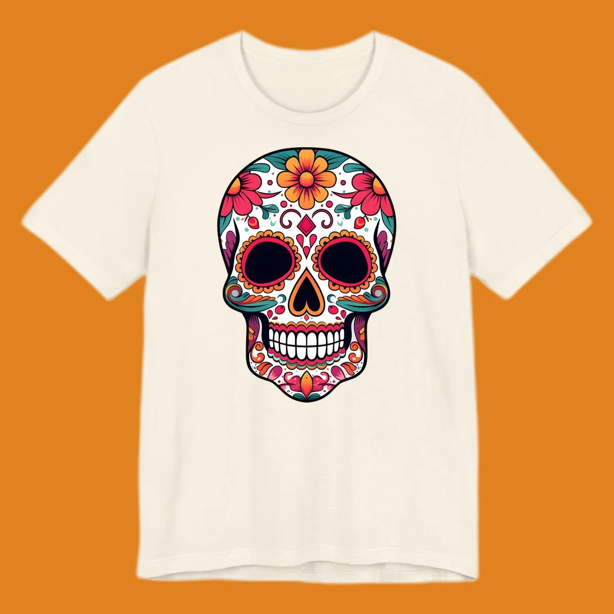 A vibrant floral calavera skull illustration adorned with flowers, leaves, hearts, and filigree in pink, orange, yellow, teal, and purple.