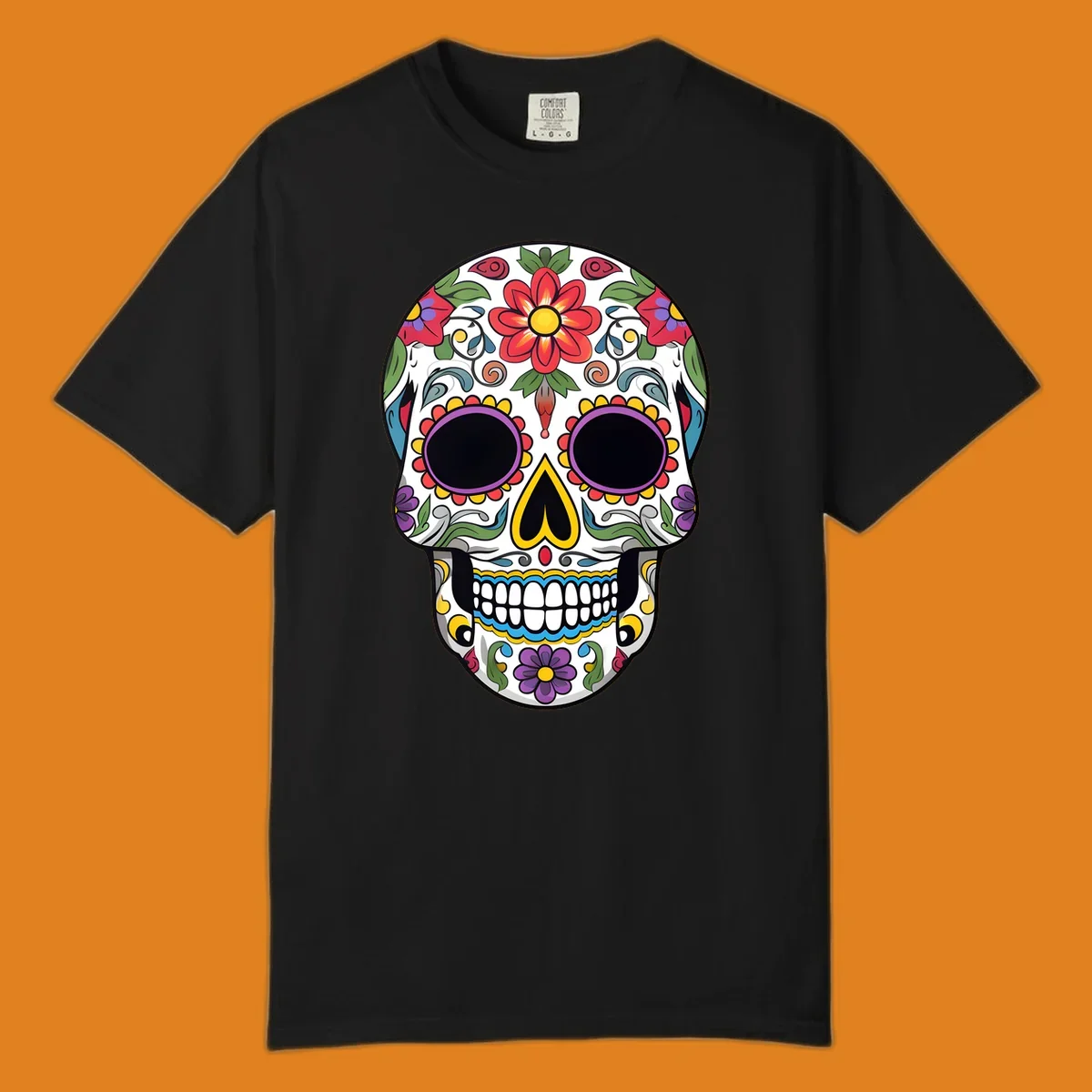 A vibrant, colorful floral sugar skull, or calavera, with large red and purple flowers, green leaves, and intricate patterns.