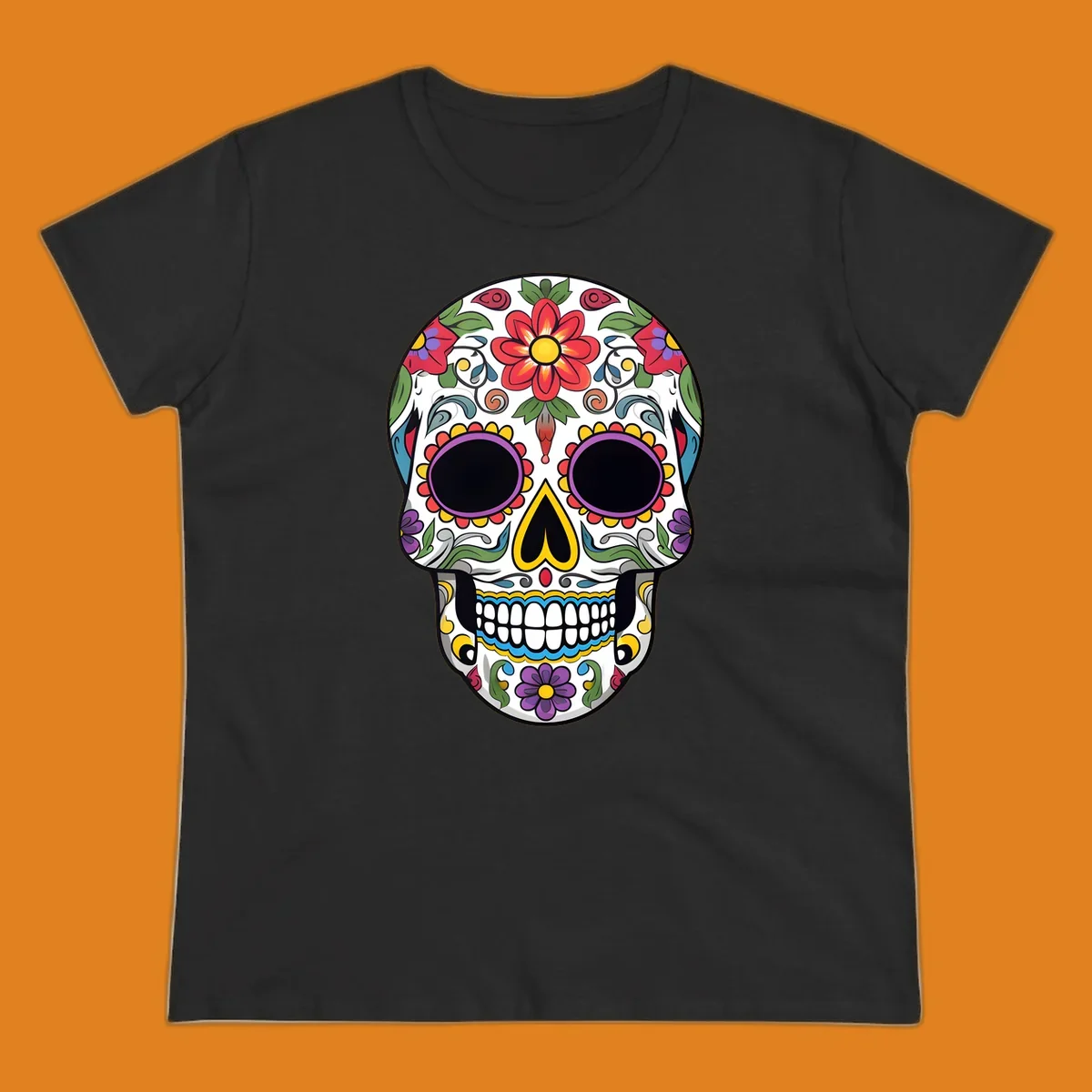 A vibrant, colorful floral sugar skull, or calavera, with large red and purple flowers, green leaves, and intricate patterns.