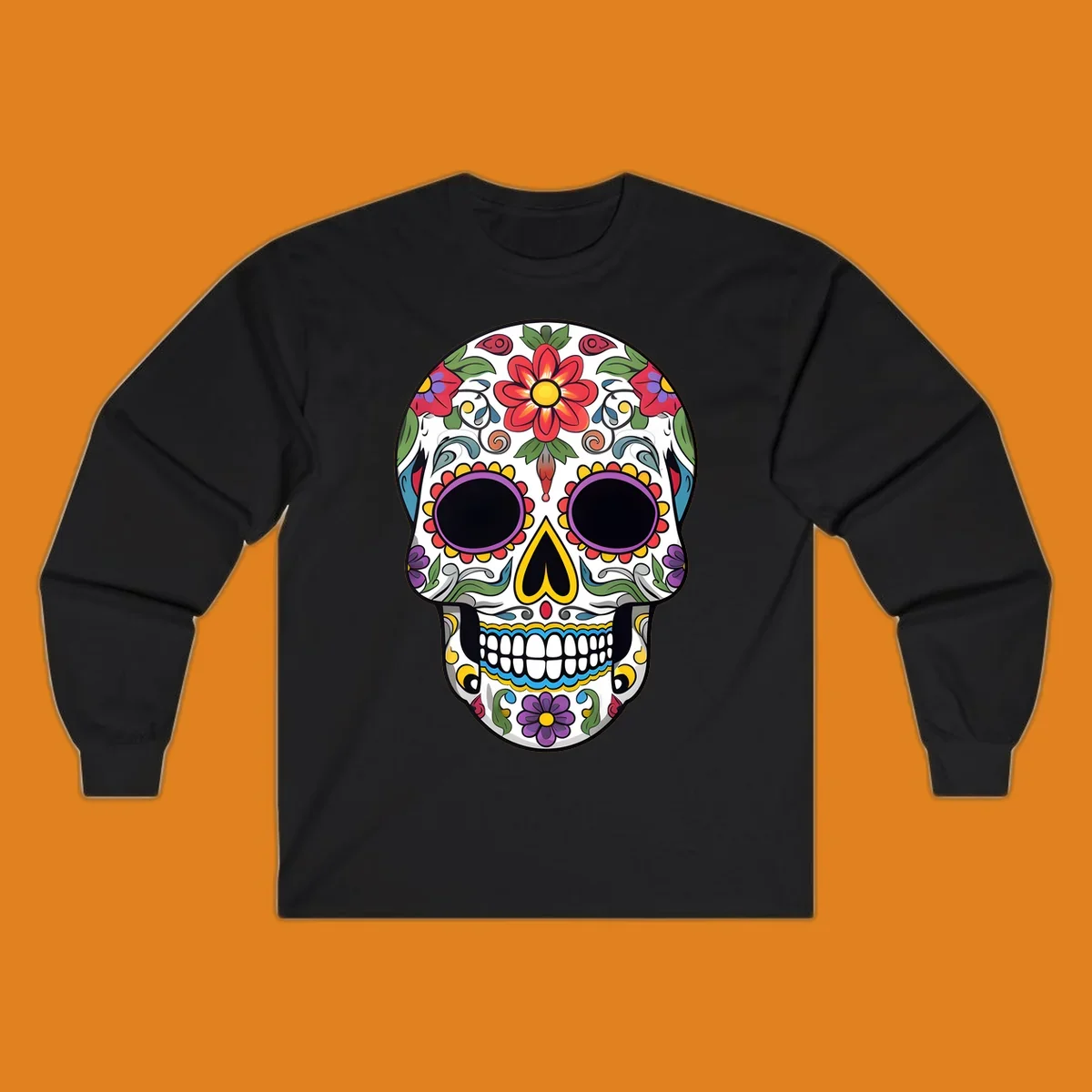 A vibrant, colorful floral sugar skull, or calavera, with large red and purple flowers, green leaves, and intricate patterns.