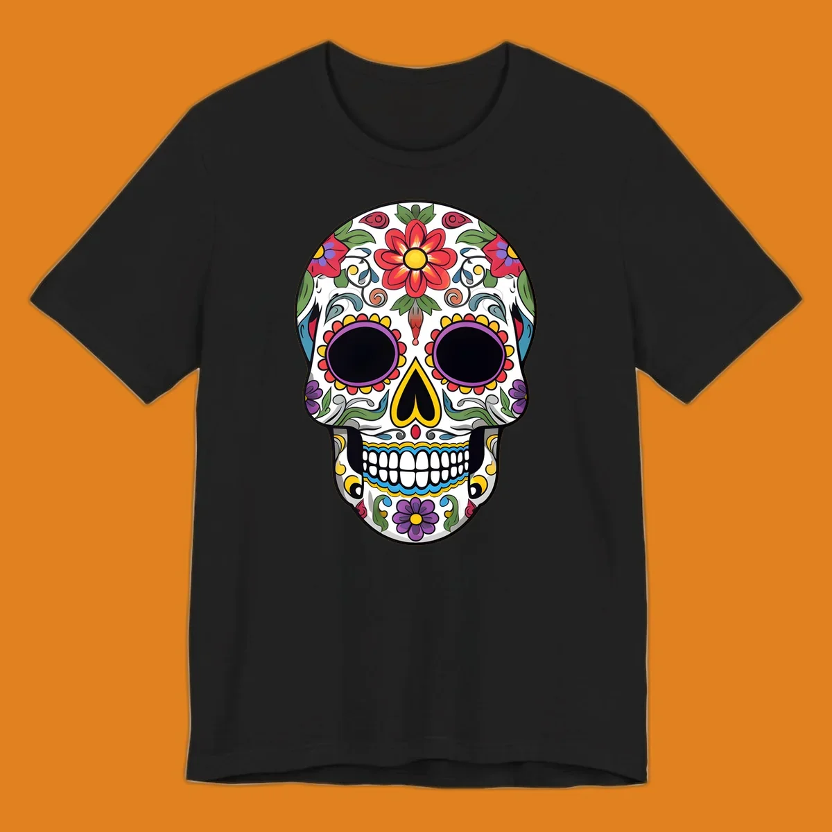 A vibrant, colorful floral sugar skull, or calavera, with large red and purple flowers, green leaves, and intricate patterns.
