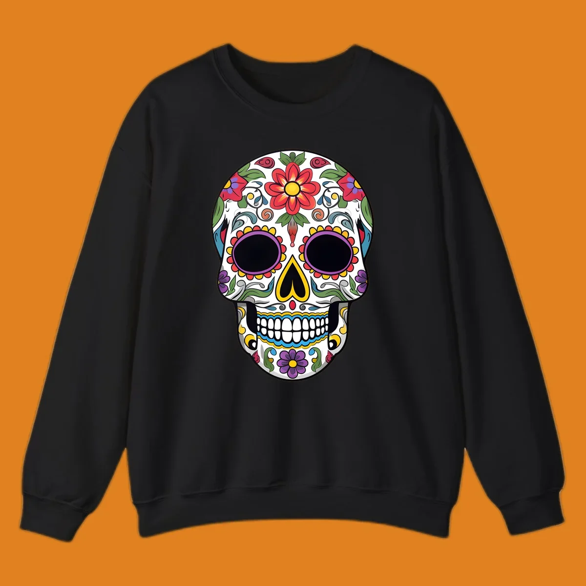 A vibrant, colorful floral sugar skull, or calavera, with large red and purple flowers, green leaves, and intricate patterns.
