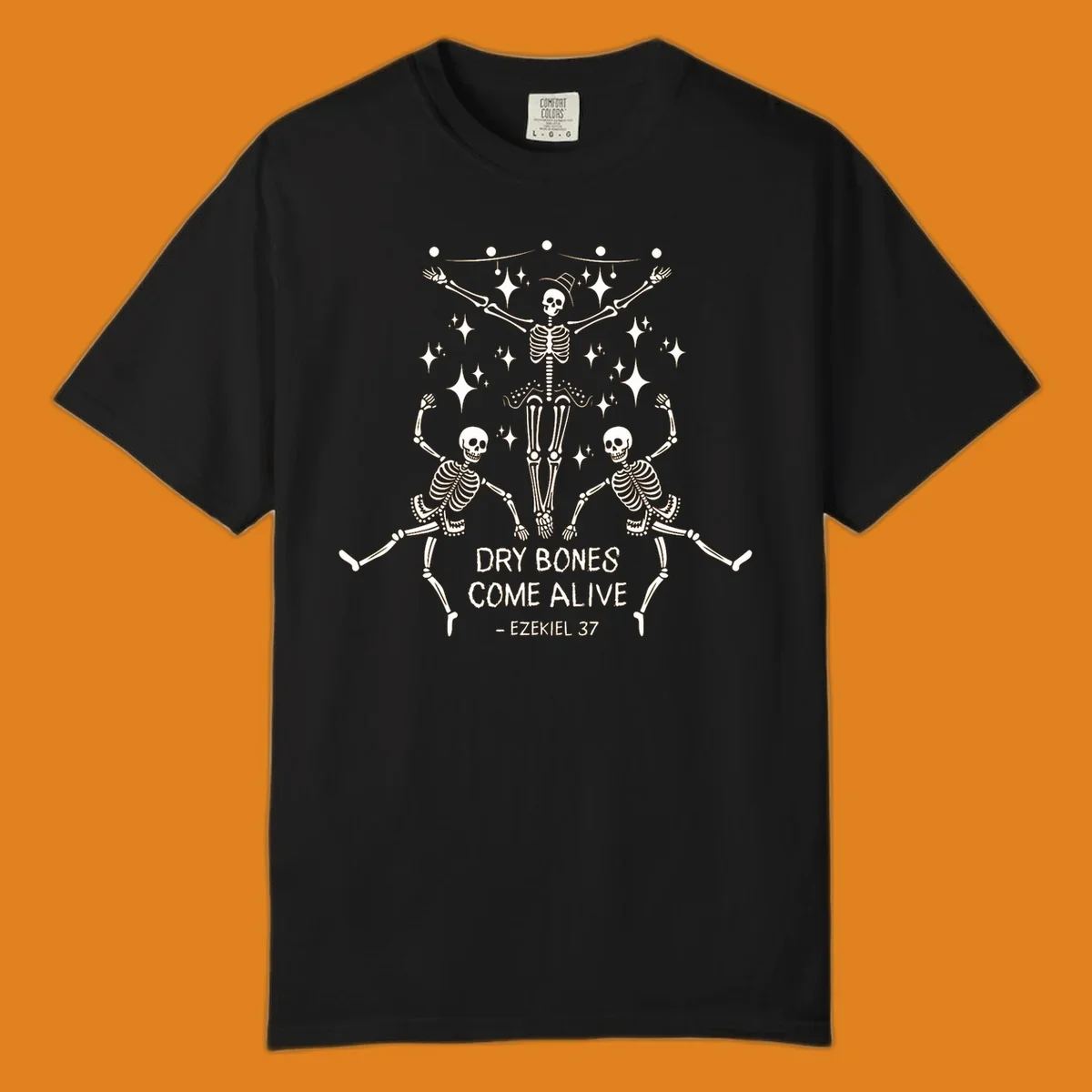 Dancing skeletons illustration with text 'Dry Bones Come Alive - Ezekiel 37'.