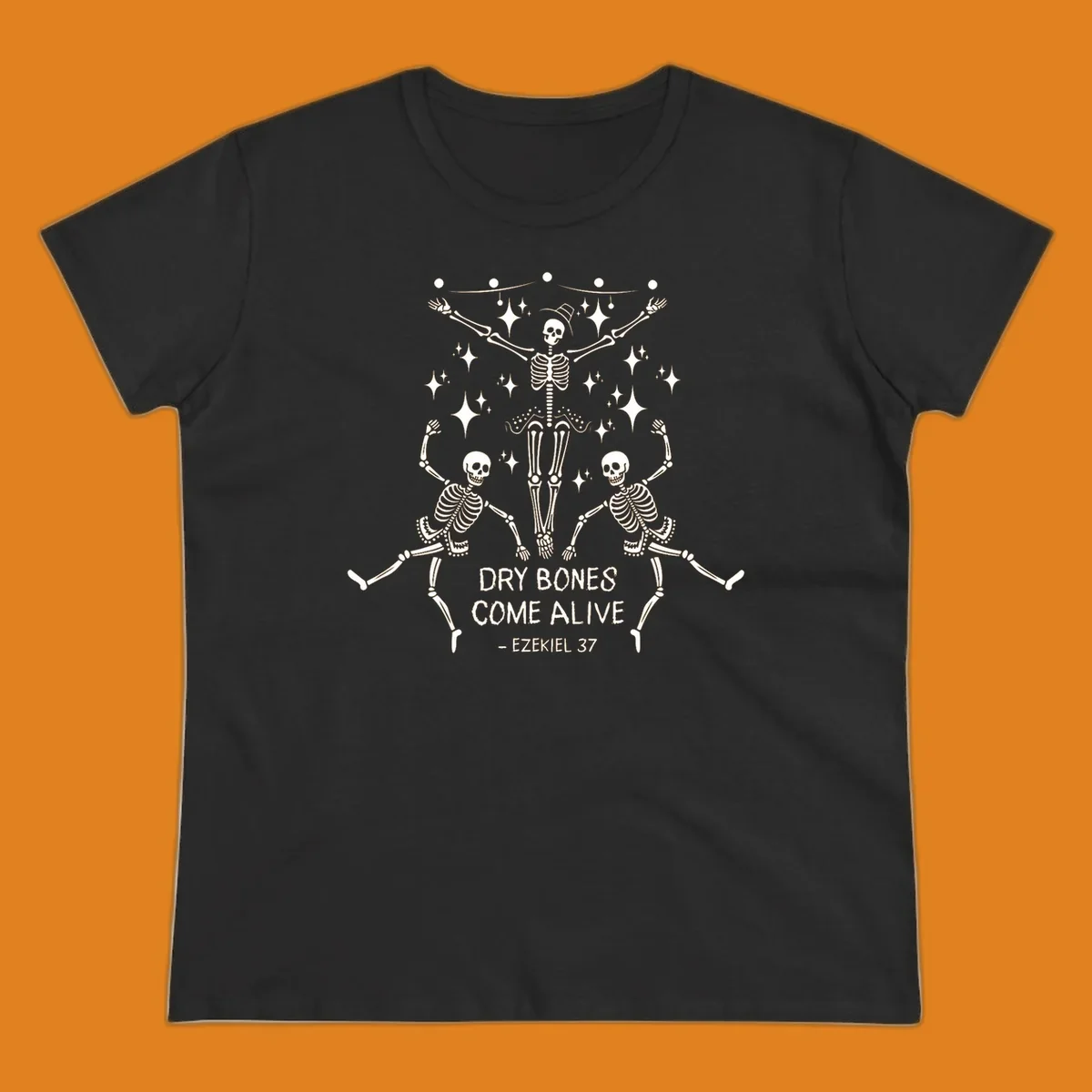 Dancing skeletons illustration with text 'Dry Bones Come Alive - Ezekiel 37'.