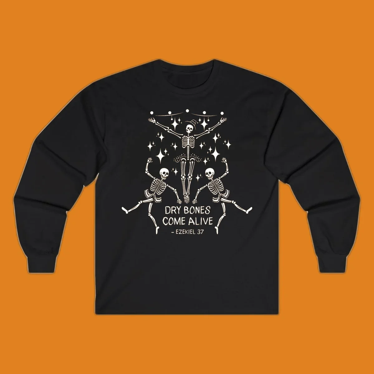 Dancing skeletons illustration with text 'Dry Bones Come Alive - Ezekiel 37'.