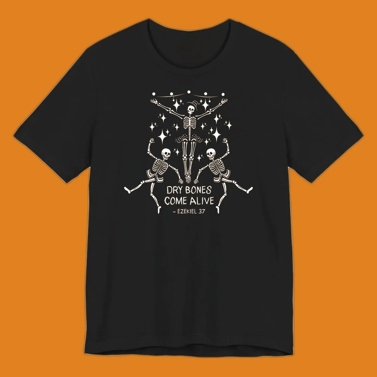 Dancing skeletons illustration with text 'Dry Bones Come Alive - Ezekiel 37'.