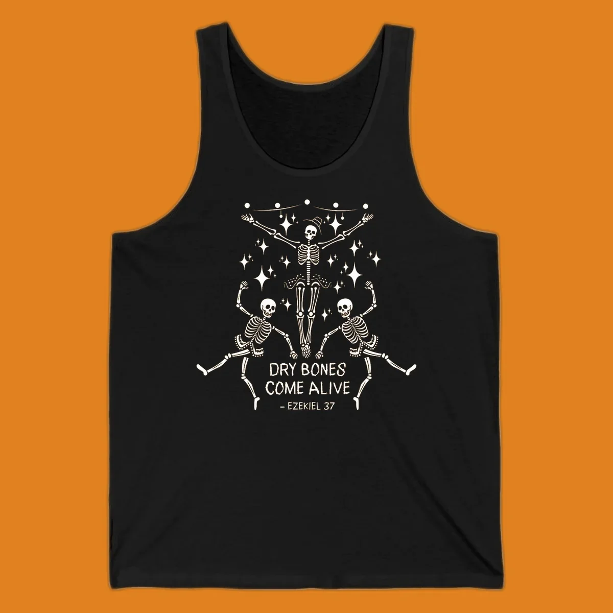 Dancing skeletons illustration with text 'Dry Bones Come Alive - Ezekiel 37'.