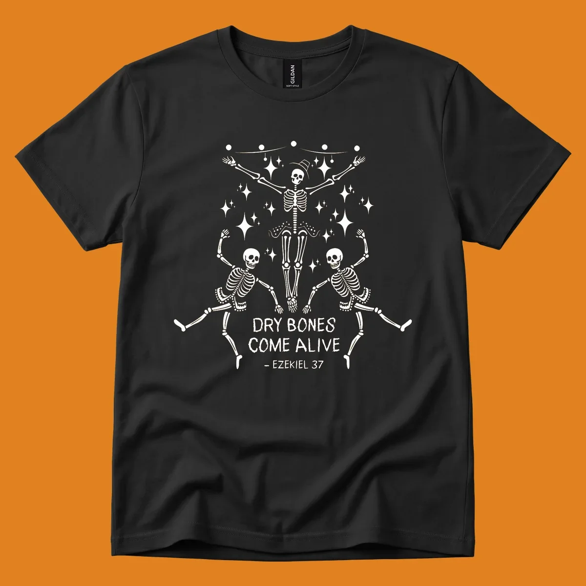 Dancing skeletons illustration with text 'Dry Bones Come Alive - Ezekiel 37'.