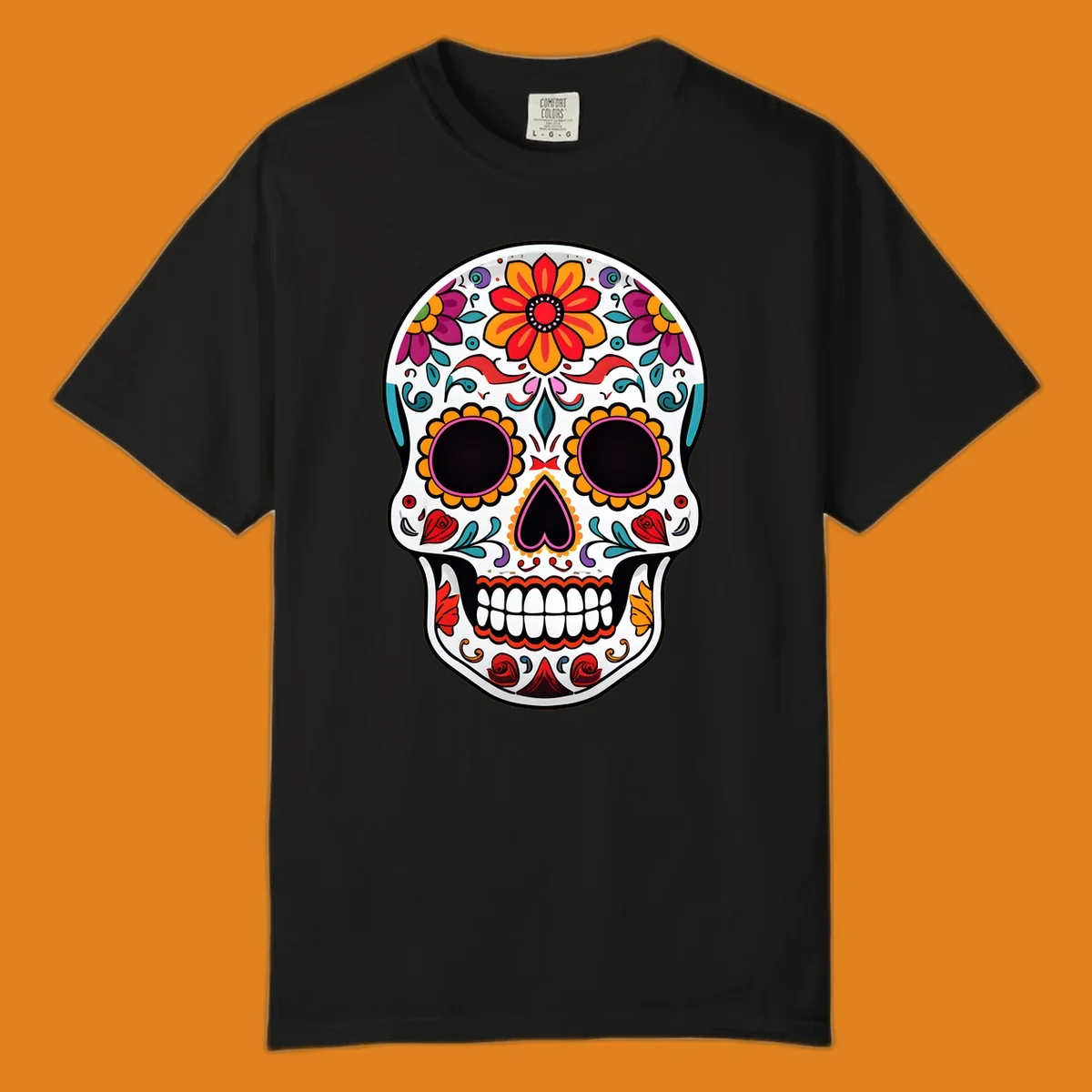 A vibrant floral sugar skull, or calavera, with intricate red, orange, yellow, pink, purple, teal, and green flowers and swirls.
