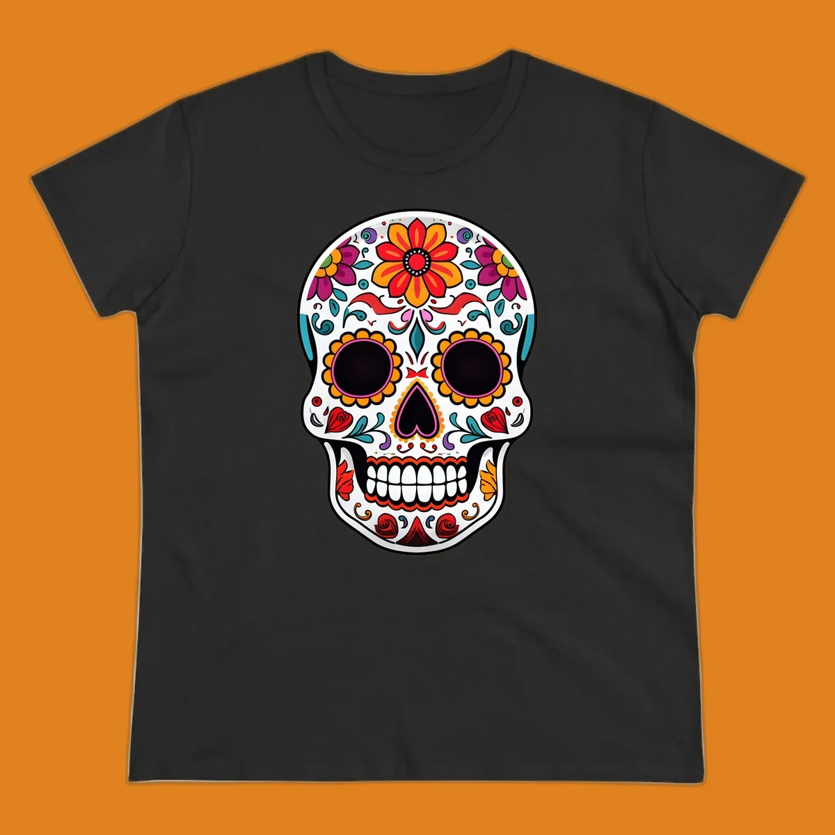 A vibrant floral sugar skull, or calavera, with intricate red, orange, yellow, pink, purple, teal, and green flowers and swirls.