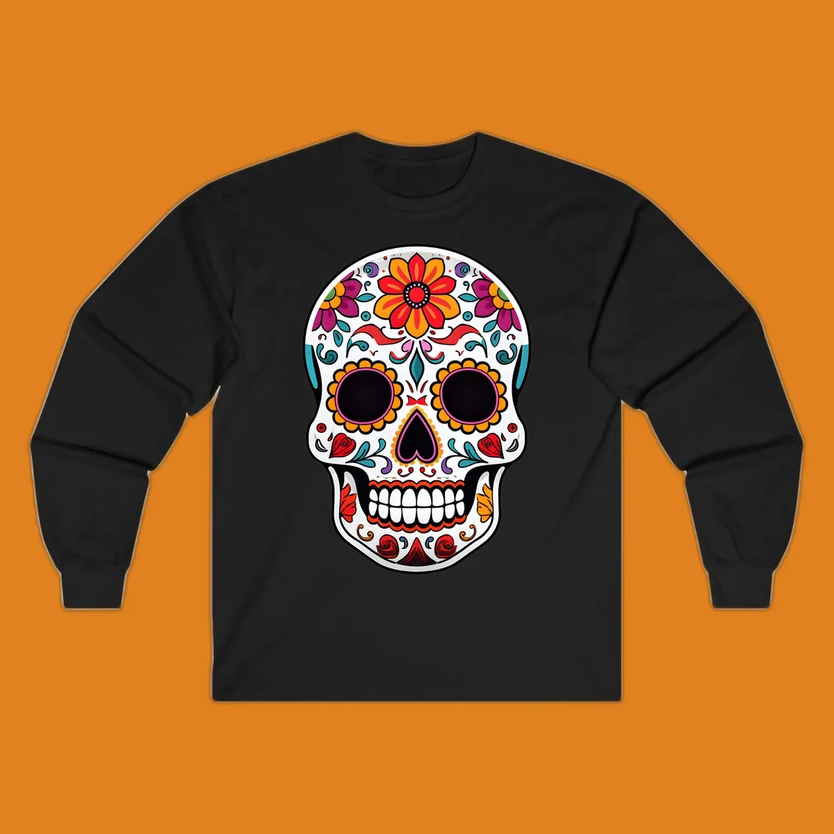 A vibrant floral sugar skull, or calavera, with intricate red, orange, yellow, pink, purple, teal, and green flowers and swirls.
