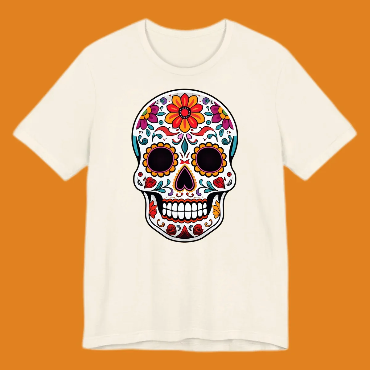 A vibrant floral sugar skull, or calavera, with intricate red, orange, yellow, pink, purple, teal, and green flowers and swirls.