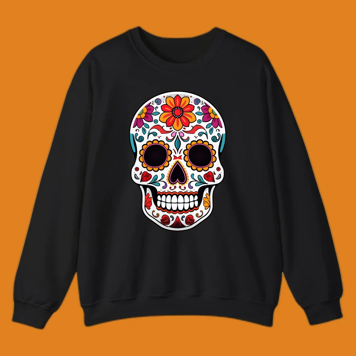 A vibrant floral sugar skull, or calavera, with intricate red, orange, yellow, pink, purple, teal, and green flowers and swirls.