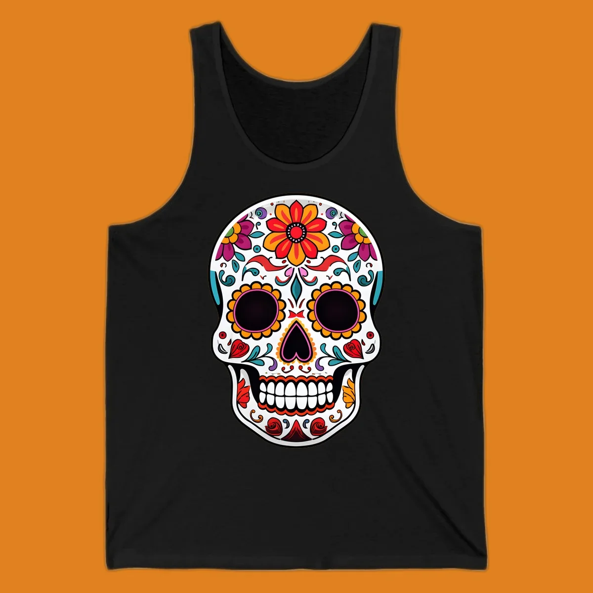 A vibrant floral sugar skull, or calavera, with intricate red, orange, yellow, pink, purple, teal, and green flowers and swirls.