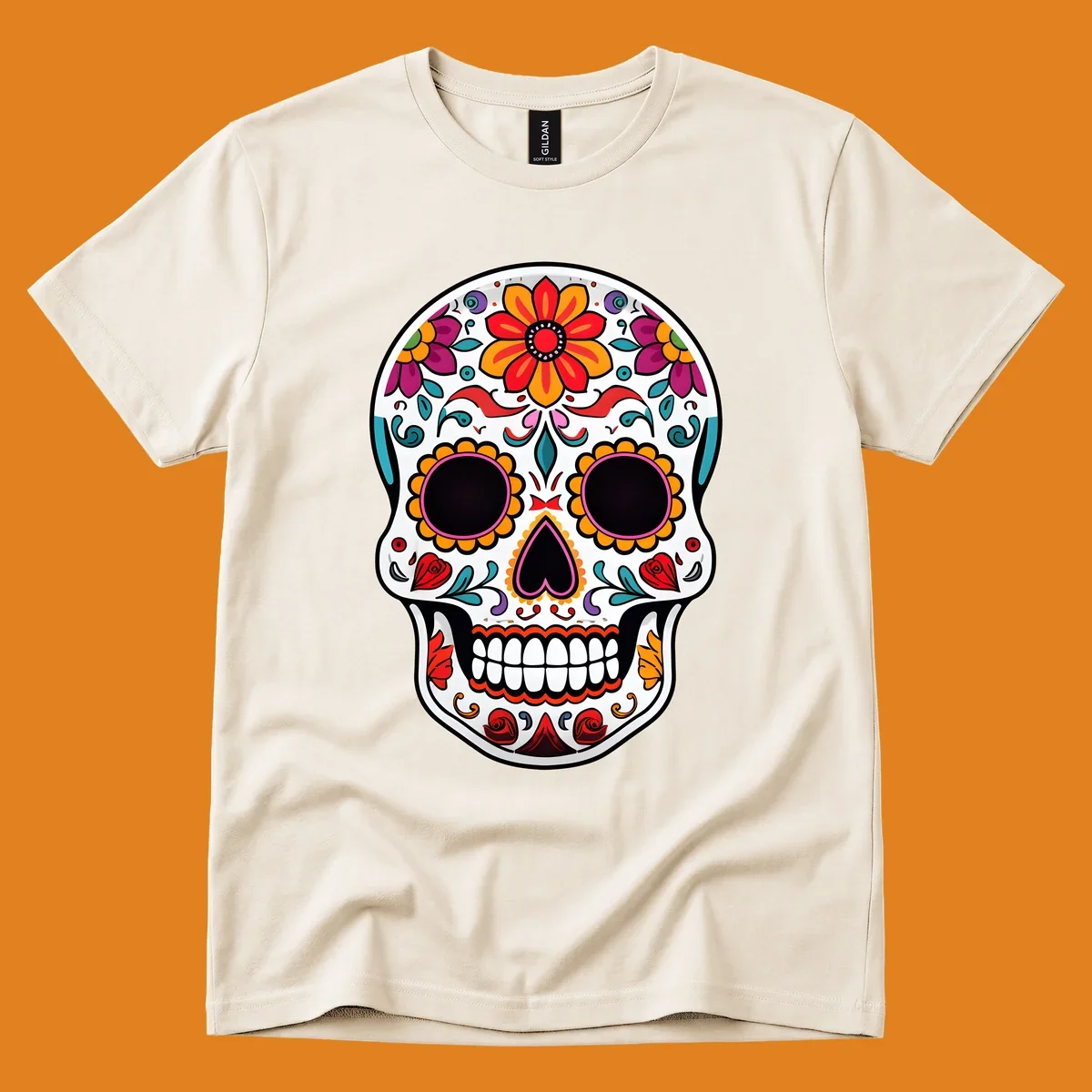 A vibrant floral sugar skull, or calavera, with intricate red, orange, yellow, pink, purple, teal, and green flowers and swirls.