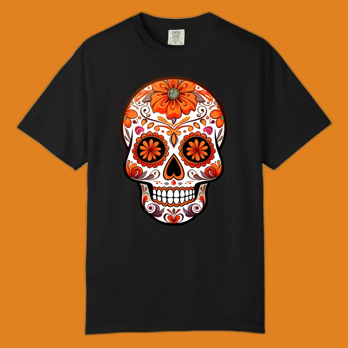 A detailed illustration of a vibrant floral-calavera-sugar-skull adorned with orange flowers, black eye sockets, and intricate swirls.