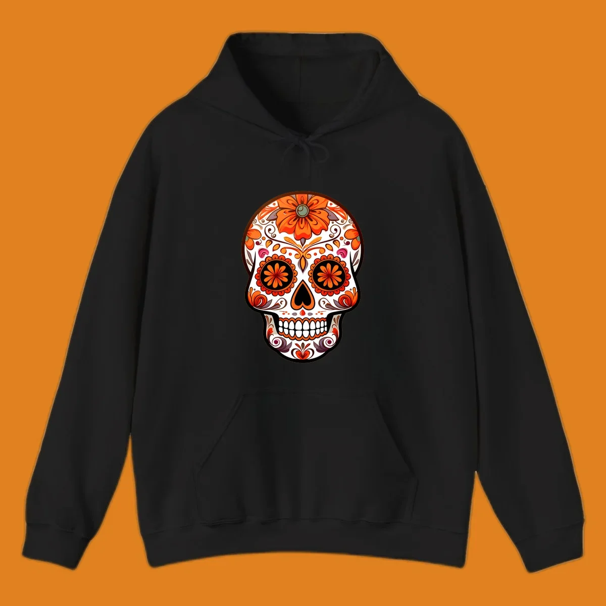A detailed illustration of a vibrant floral-calavera-sugar-skull adorned with orange flowers, black eye sockets, and intricate swirls.