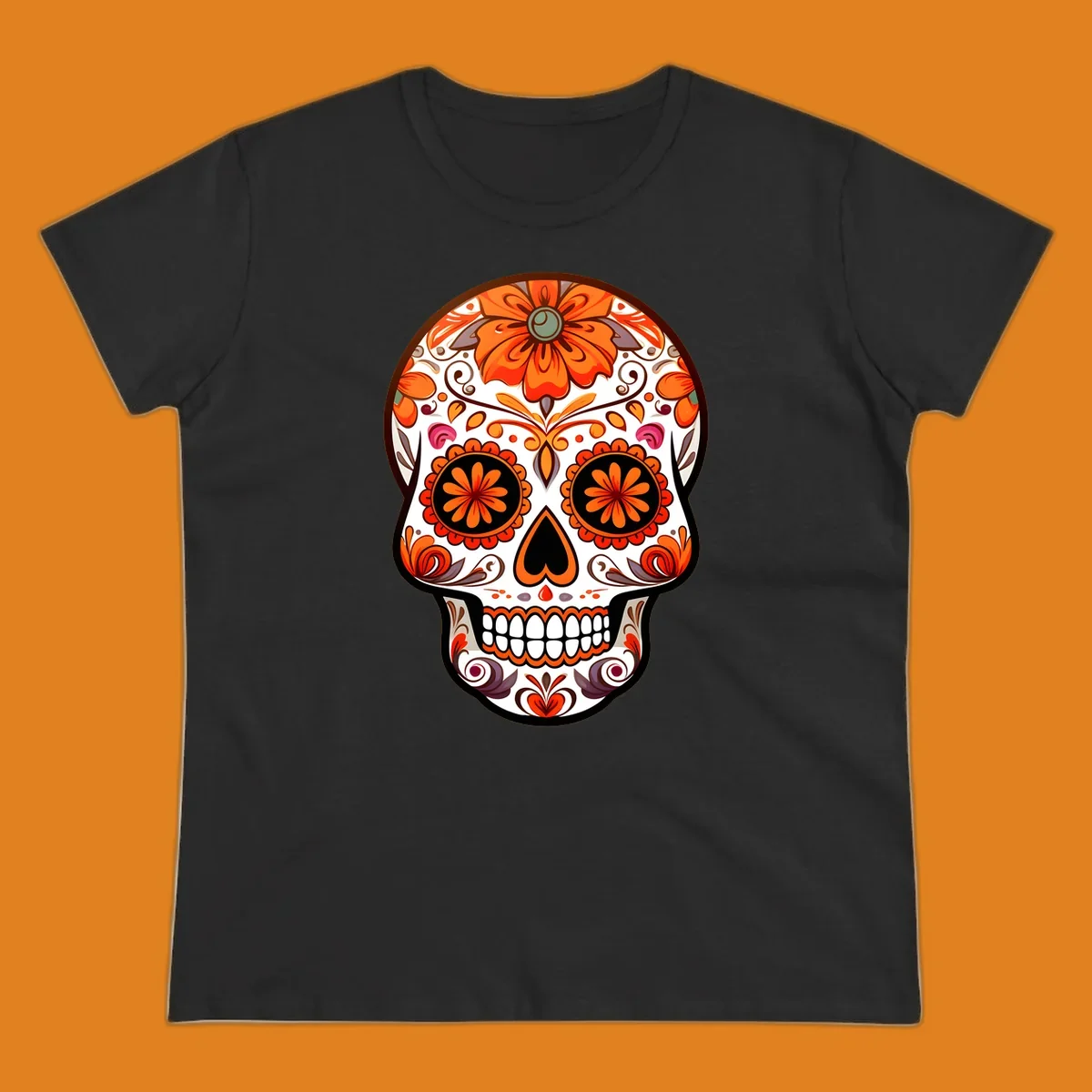 A detailed illustration of a vibrant floral-calavera-sugar-skull adorned with orange flowers, black eye sockets, and intricate swirls.