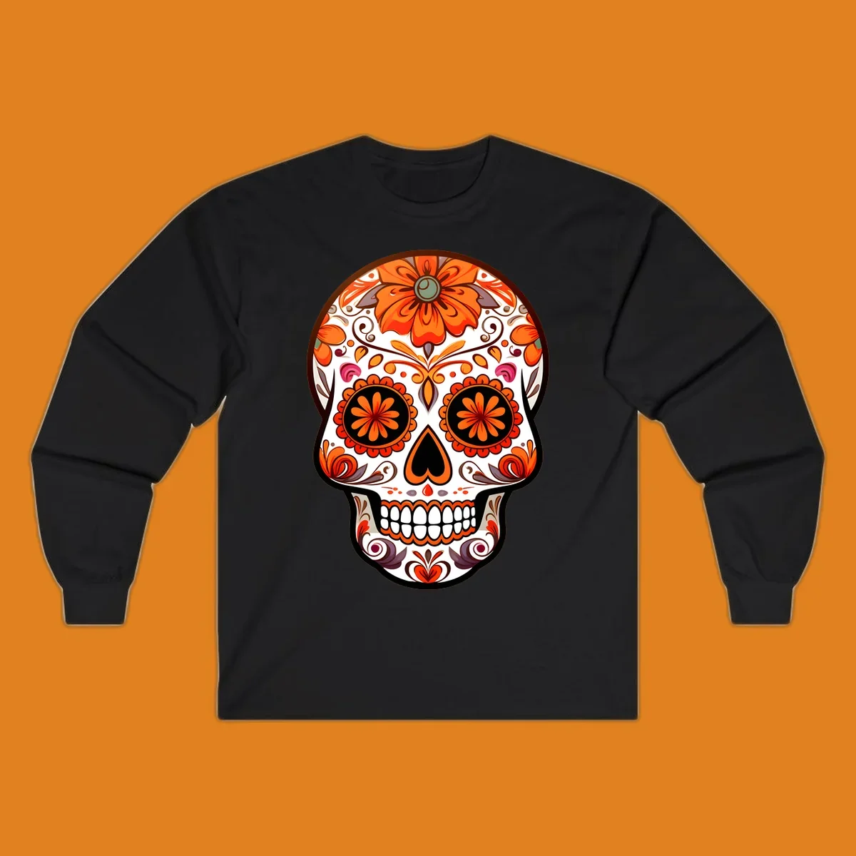 A detailed illustration of a vibrant floral-calavera-sugar-skull adorned with orange flowers, black eye sockets, and intricate swirls.