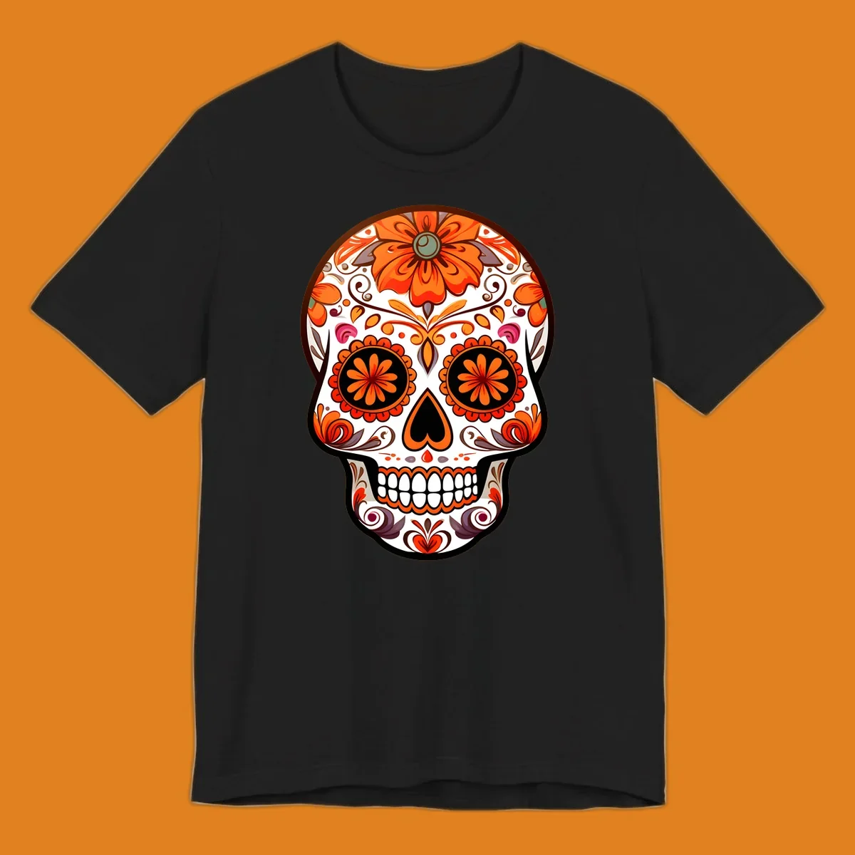 A detailed illustration of a vibrant floral-calavera-sugar-skull adorned with orange flowers, black eye sockets, and intricate swirls.