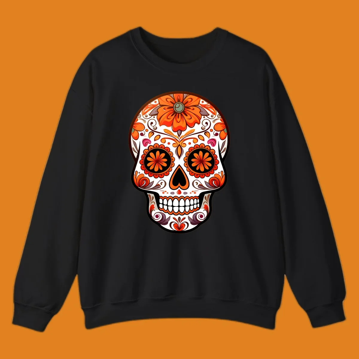 A detailed illustration of a vibrant floral-calavera-sugar-skull adorned with orange flowers, black eye sockets, and intricate swirls.
