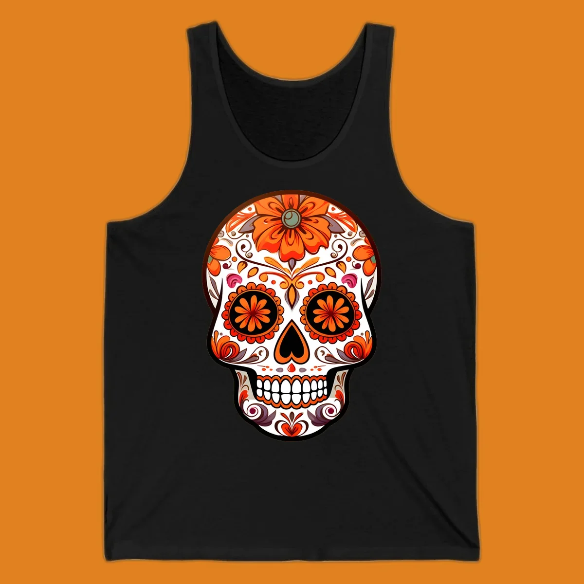 A detailed illustration of a vibrant floral-calavera-sugar-skull adorned with orange flowers, black eye sockets, and intricate swirls.
