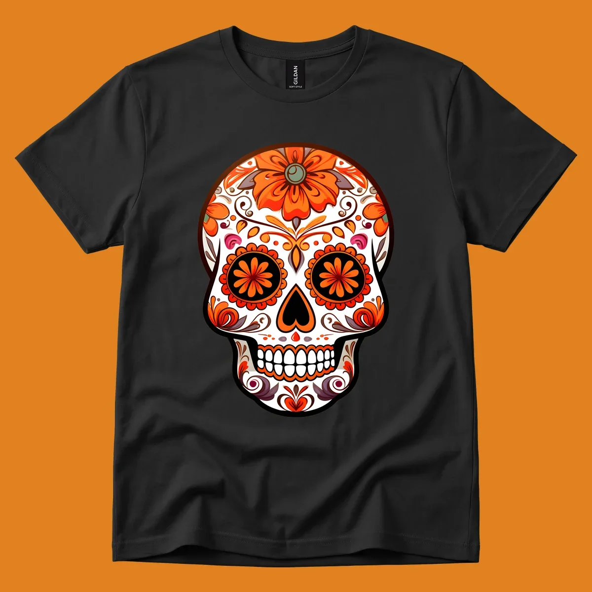 A detailed illustration of a vibrant floral-calavera-sugar-skull adorned with orange flowers, black eye sockets, and intricate swirls.