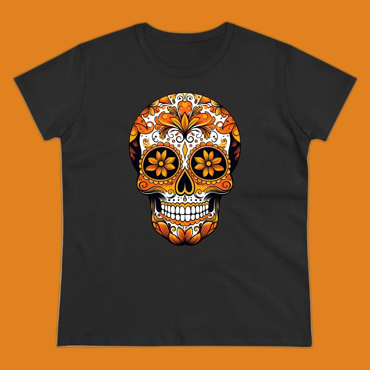 A vibrant marigold calavera skull illustration with intricate orange and yellow floral patterns on a black and white background.