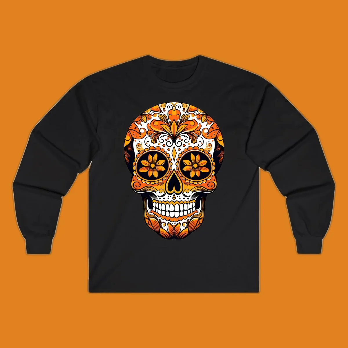 A vibrant marigold calavera skull illustration with intricate orange and yellow floral patterns on a black and white background.