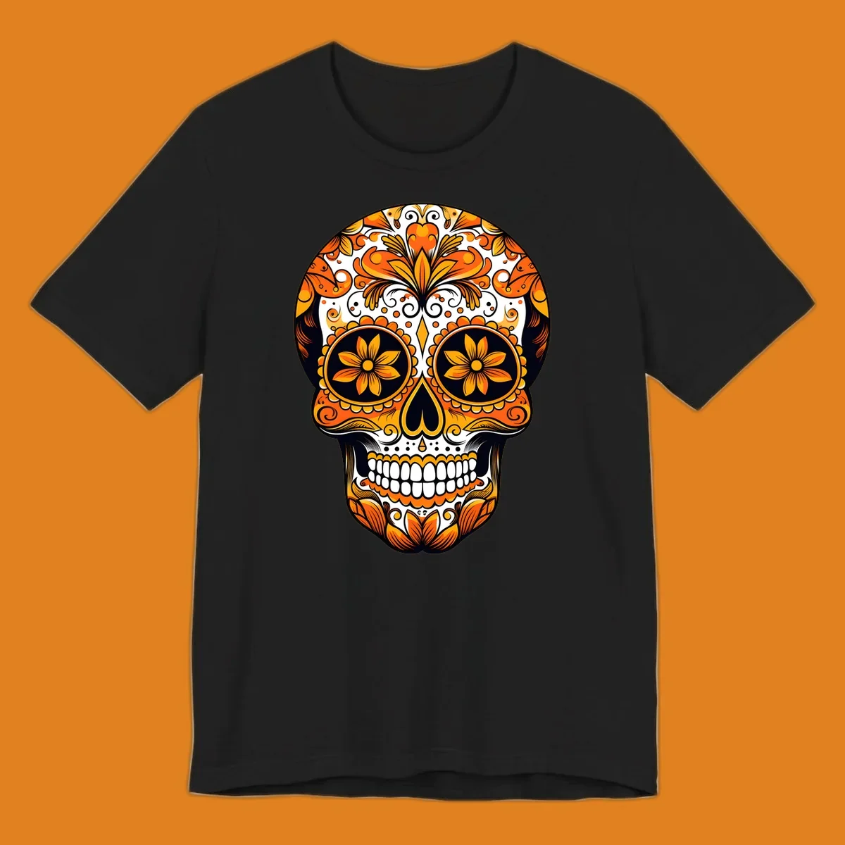 A vibrant marigold calavera skull illustration with intricate orange and yellow floral patterns on a black and white background.