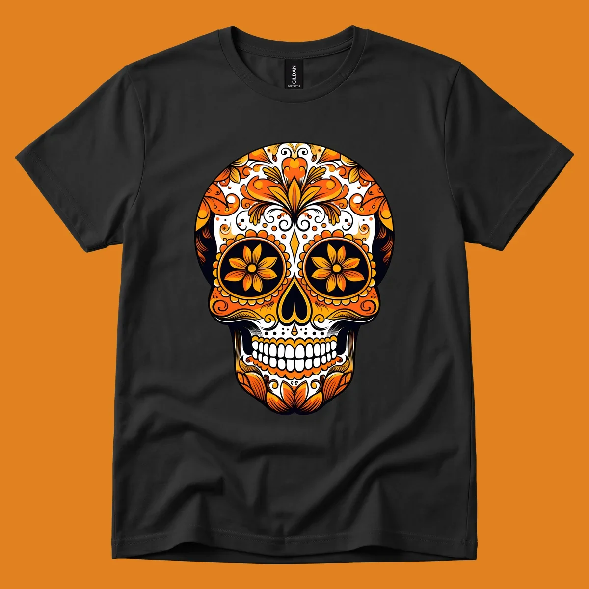 A vibrant marigold calavera skull illustration with intricate orange and yellow floral patterns on a black and white background.