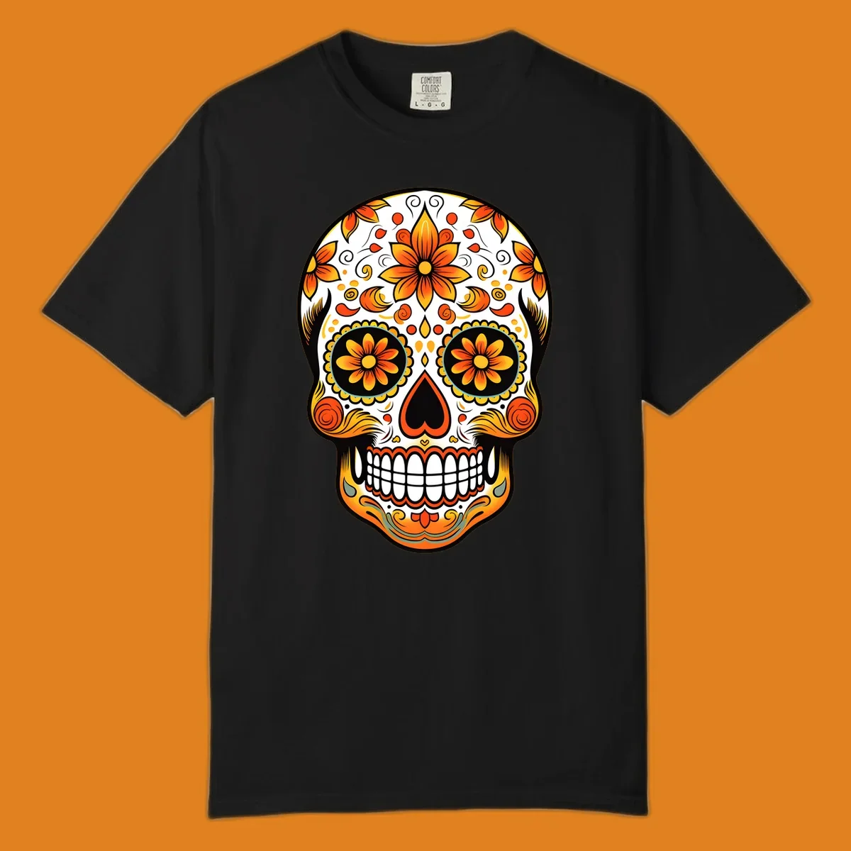 A vibrant marigold floral sugar skull illustration on a black background, featuring orange and yellow flowers, swirls, and teal accents.