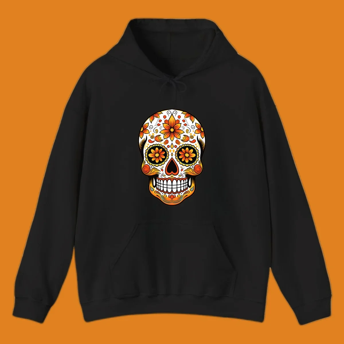A vibrant marigold floral sugar skull illustration on a black background, featuring orange and yellow flowers, swirls, and teal accents.