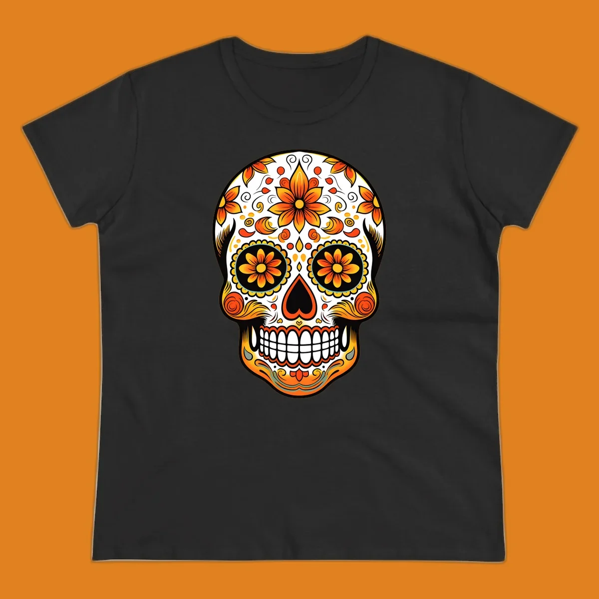 A vibrant marigold floral sugar skull illustration on a black background, featuring orange and yellow flowers, swirls, and teal accents.