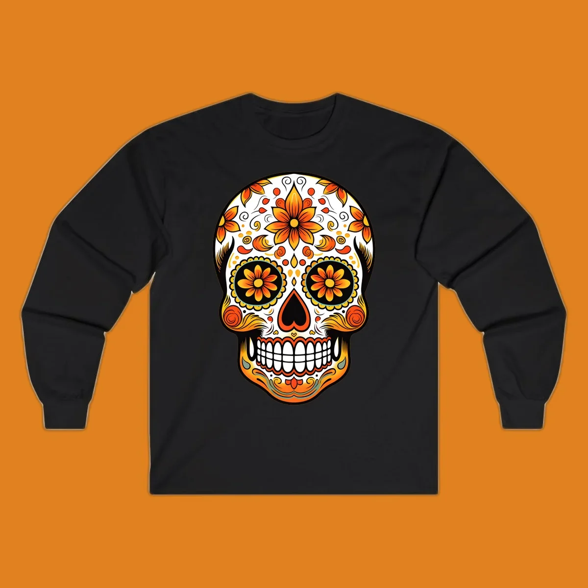 A vibrant marigold floral sugar skull illustration on a black background, featuring orange and yellow flowers, swirls, and teal accents.