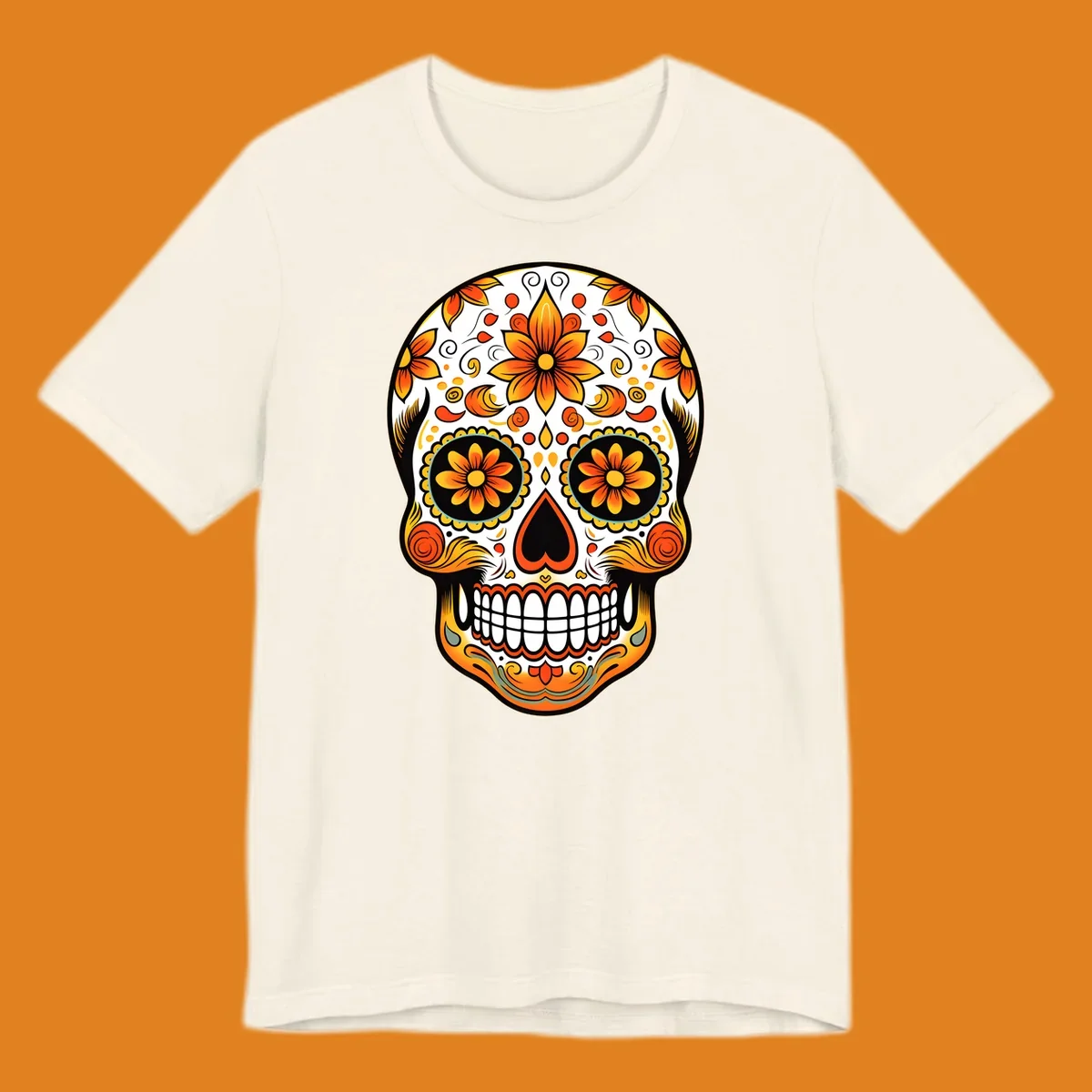 A vibrant marigold floral sugar skull illustration on a black background, featuring orange and yellow flowers, swirls, and teal accents.