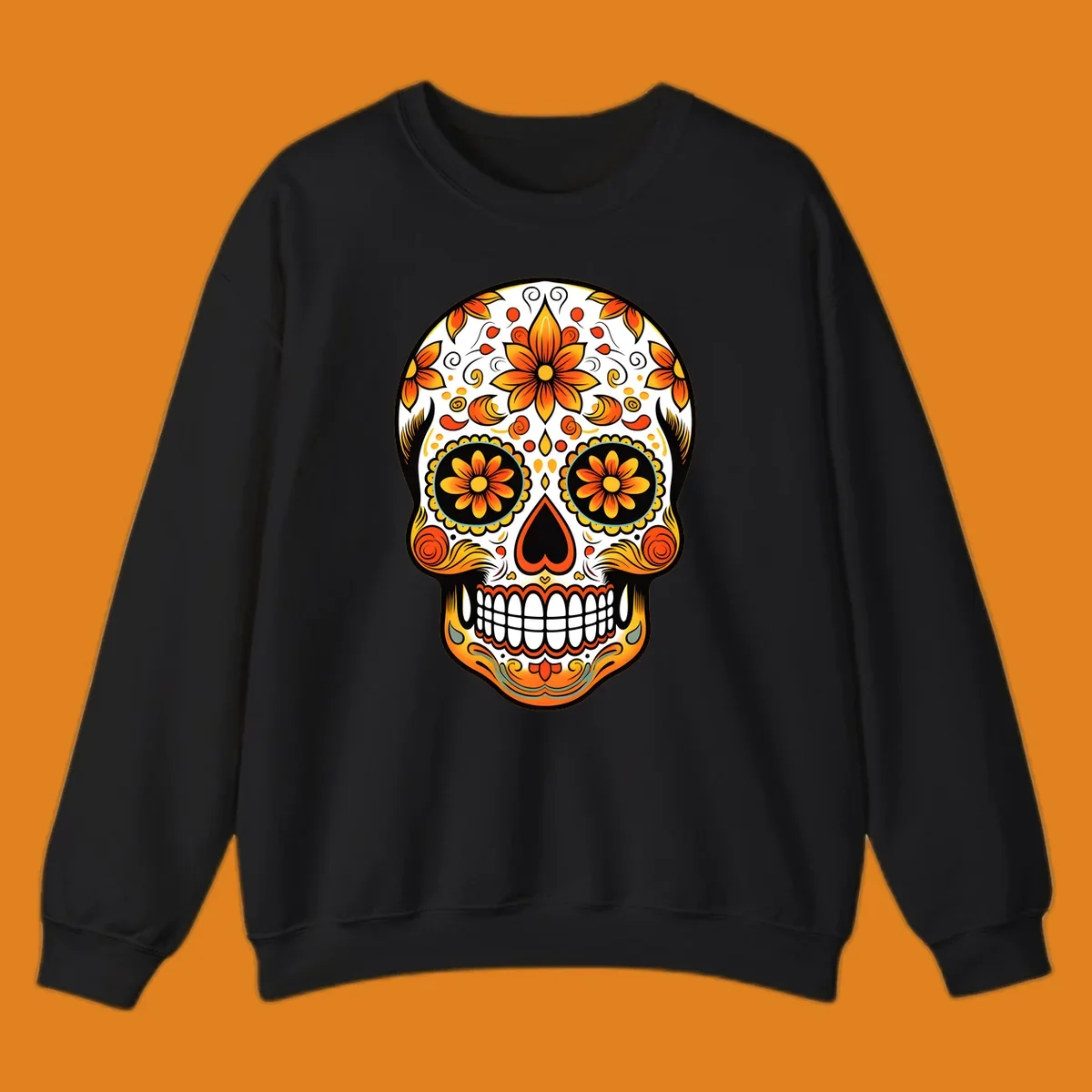 A vibrant marigold floral sugar skull illustration on a black background, featuring orange and yellow flowers, swirls, and teal accents.