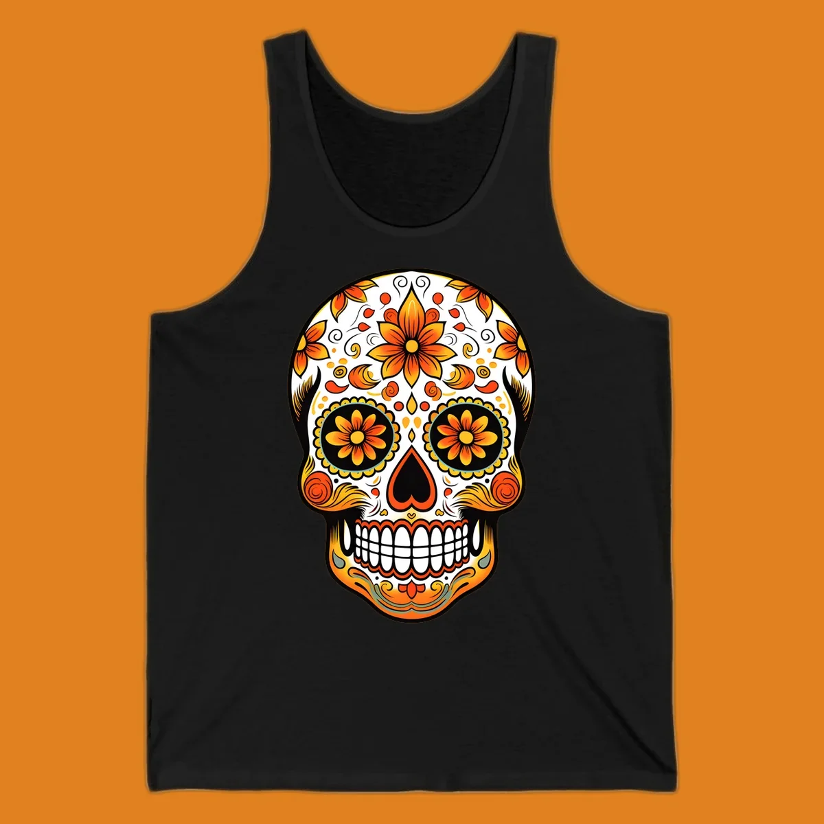 A vibrant marigold floral sugar skull illustration on a black background, featuring orange and yellow flowers, swirls, and teal accents.