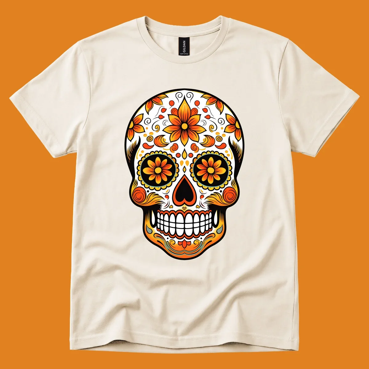 A vibrant marigold floral sugar skull illustration on a black background, featuring orange and yellow flowers, swirls, and teal accents.