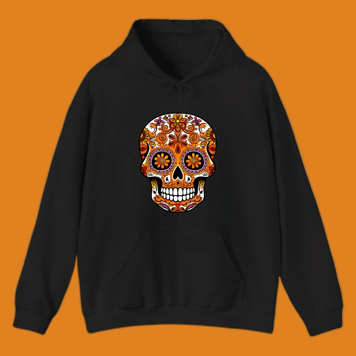 A vibrant, ornate floral calavera skull with orange, pink, yellow, and red patterns, outlined in white and black.