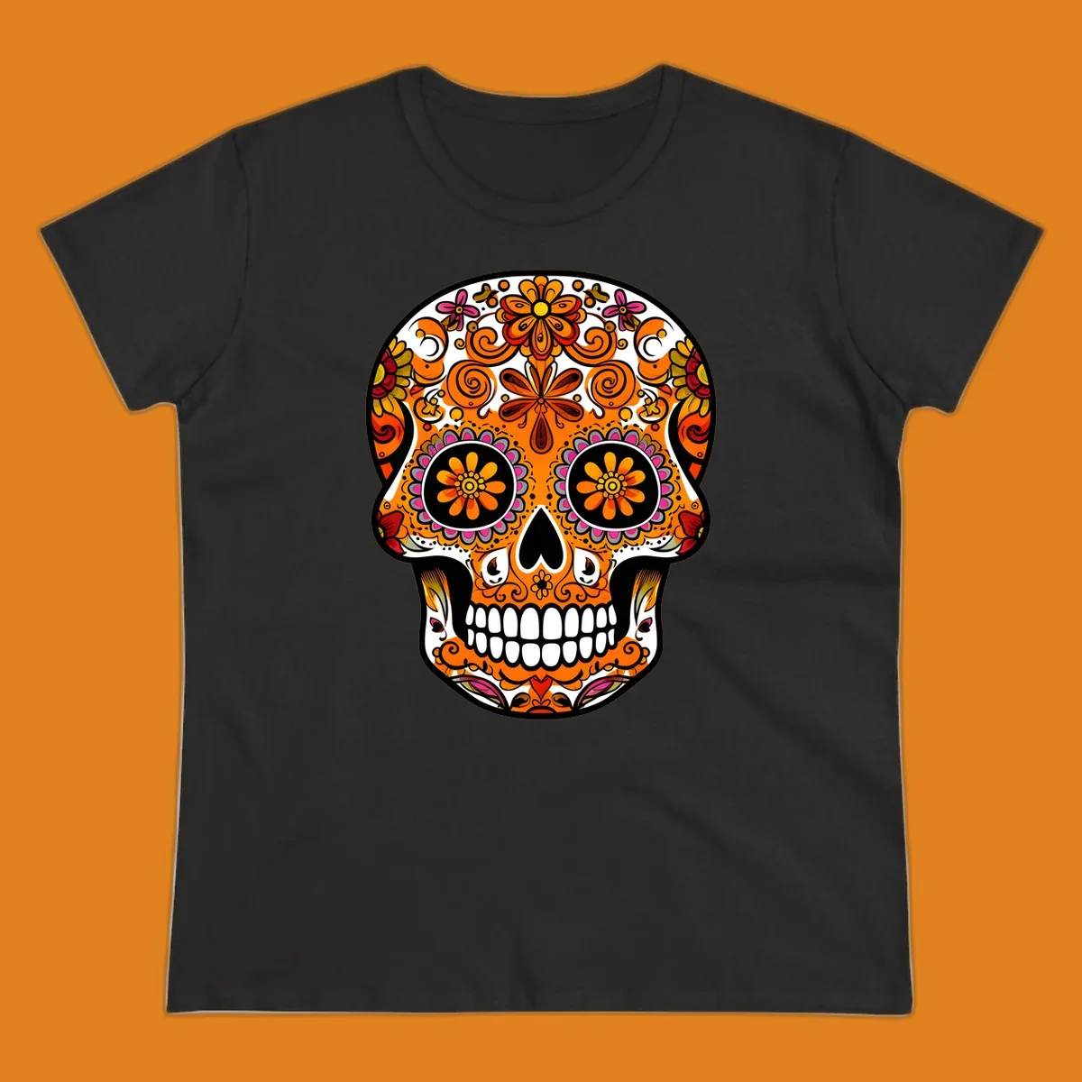 A vibrant, ornate floral calavera skull with orange, pink, yellow, and red patterns, outlined in white and black.