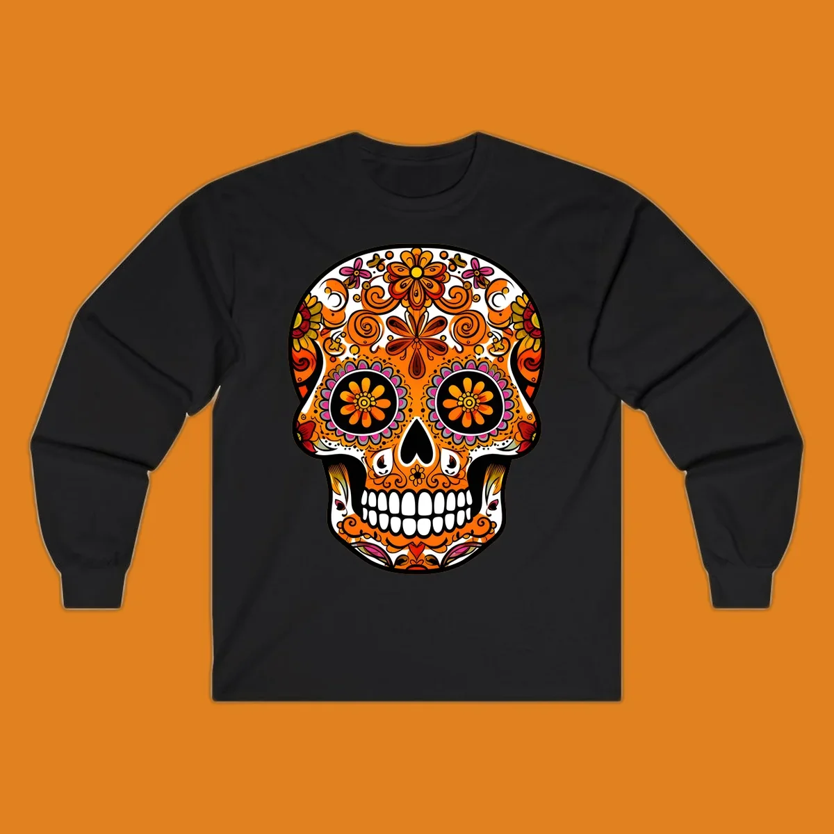 A vibrant, ornate floral calavera skull with orange, pink, yellow, and red patterns, outlined in white and black.