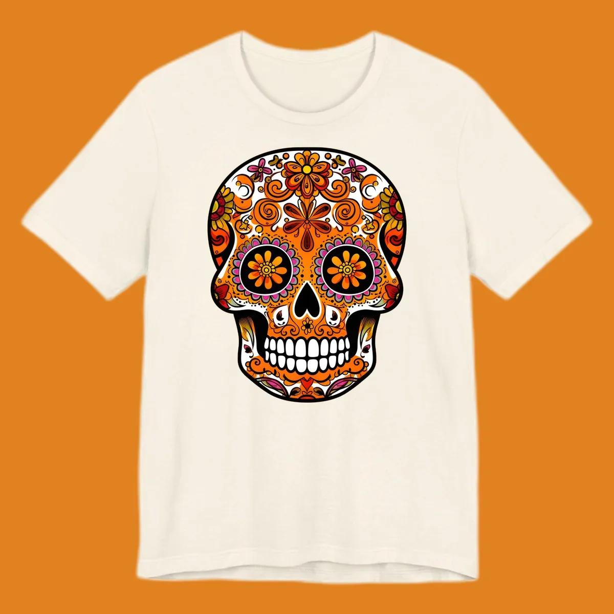 A vibrant, ornate floral calavera skull with orange, pink, yellow, and red patterns, outlined in white and black.